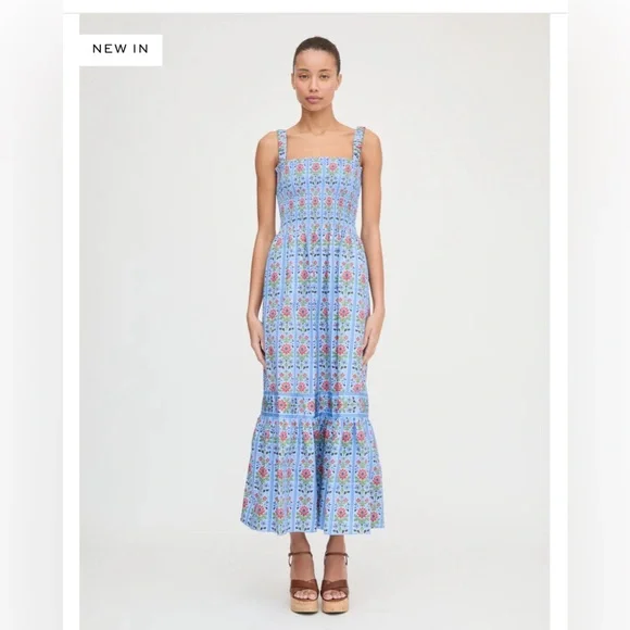 Hill House Anjuli Nap Smocked Cotton Midi Maxi Dress Blue Floral Block Stripe - Picture 2 of 10